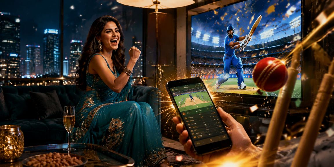 Woman placing live cricket bets on mobile phone, showcasing e28q app usability